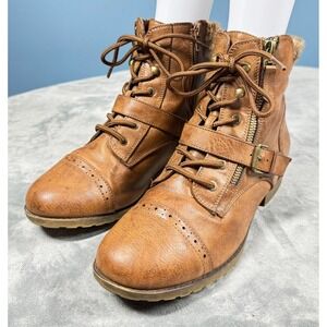 Combat Boots women's 9.5 Cognac Brown Faux Fur Lined Lace Up Buckle